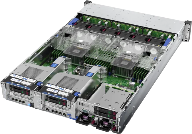 HPE ProLiant DL380 Gen10/Gen10 Plus, vista trasera con equipo abierto