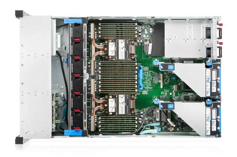 HPE ProLiant DL380 Gen10/Gen10 Plus, vista aérea con equipo abierto
