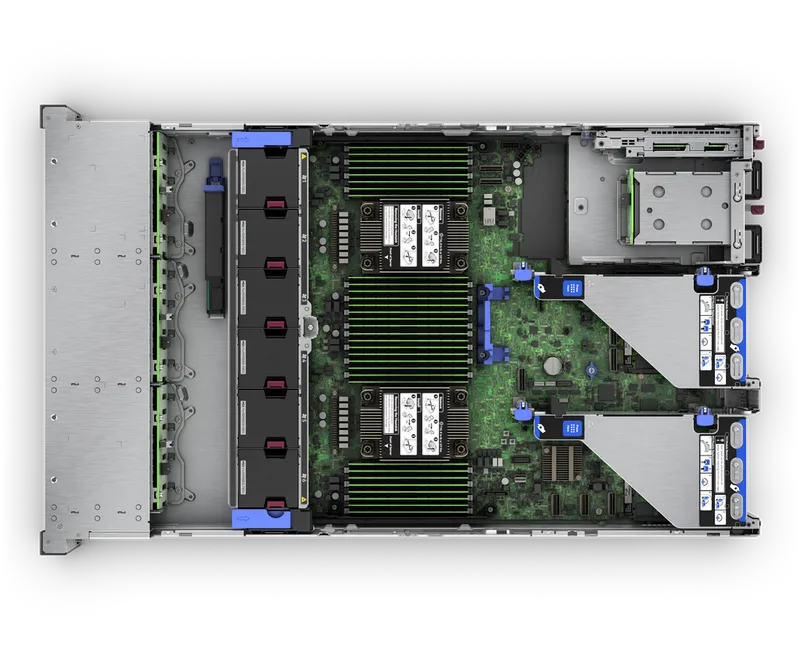 HPE ProLiant DL380 Gen11, vista aérea con equipo abierto